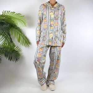 Women's Vintage 90s Striped Quirky Tea Kettle Artsy 2 Piece Pajama Set / Small